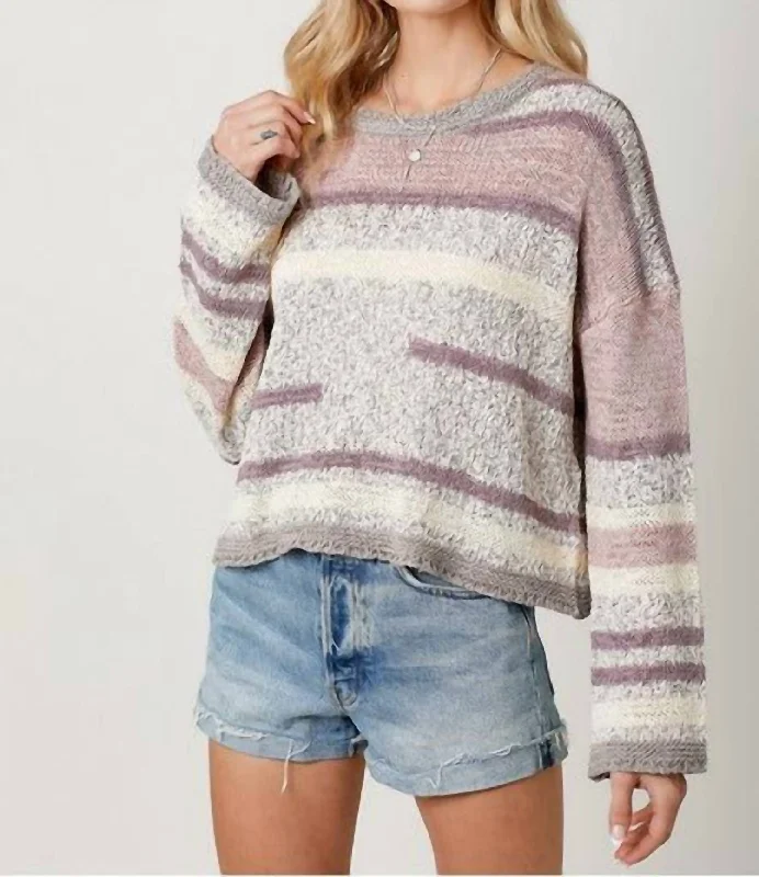 Arana Stripe Crop Spring Sweater In Lavender/gray