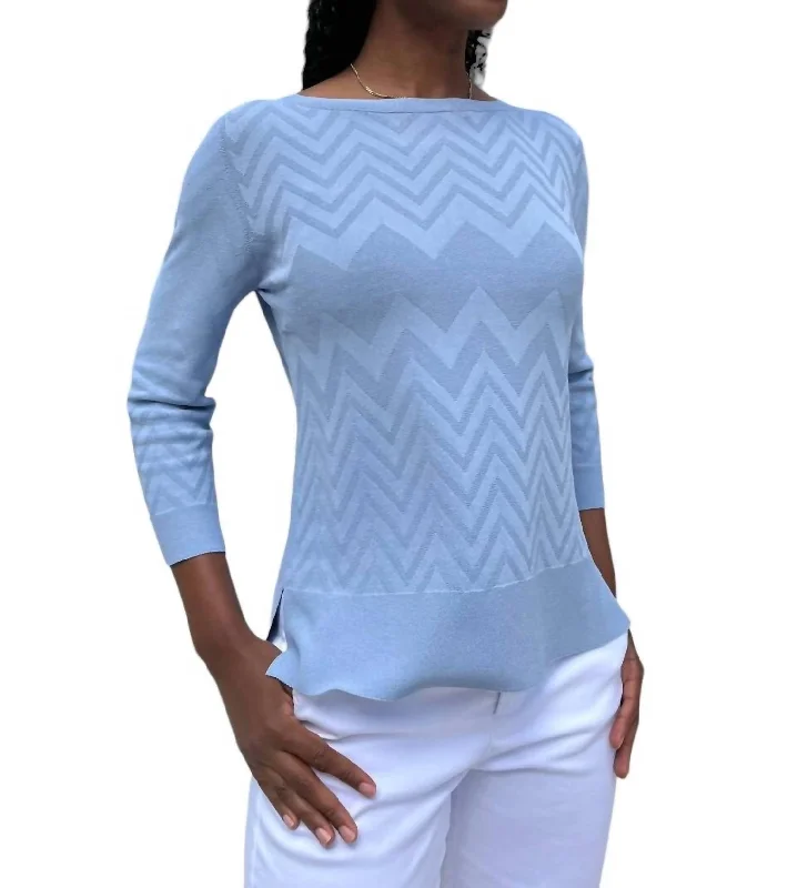 Cherron Knit 3/4 Sleeve Sweater In Sky Blue