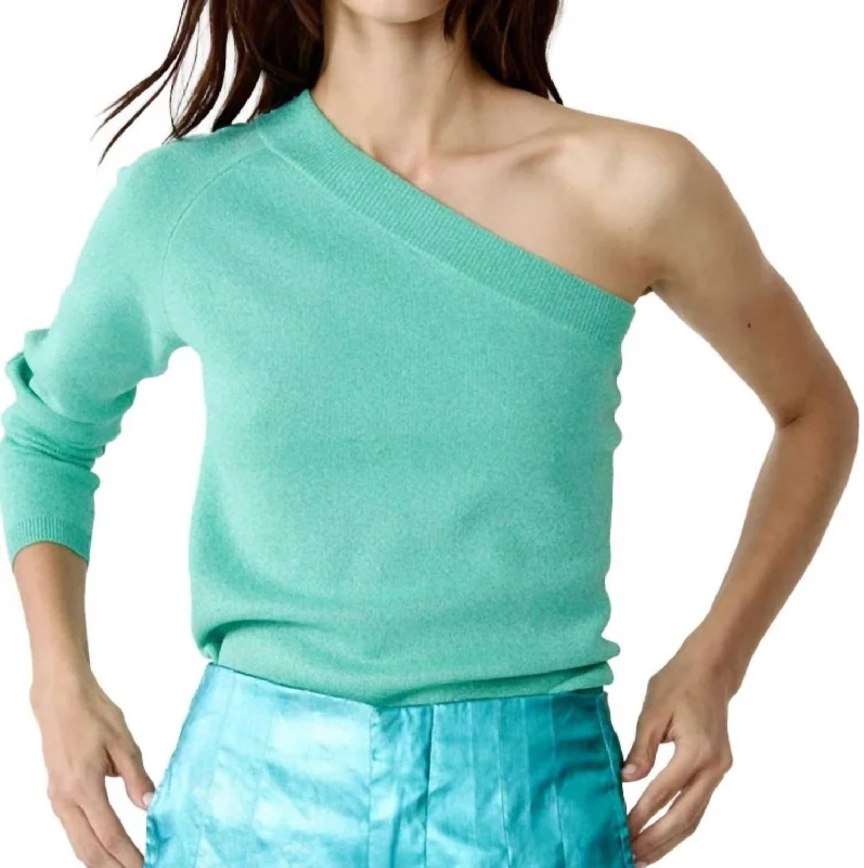 One Shoulder Glitter Knitted Top In Turquoise