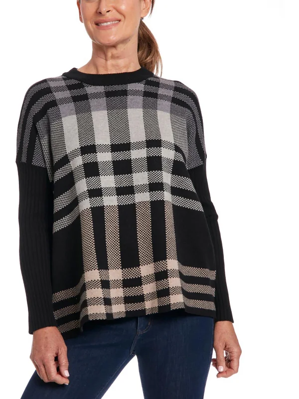 Womens Ribbed Sleeve Plaid Pullover Sweater