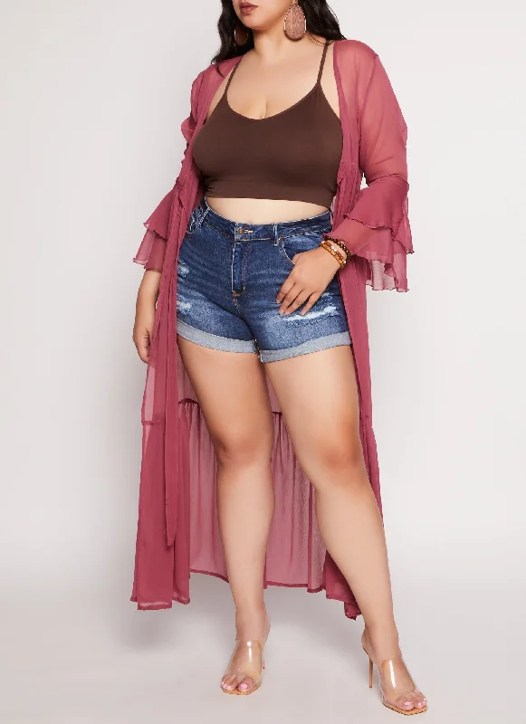 Plus Size WAX Cuffed High Waist Distressed Denim Shorts