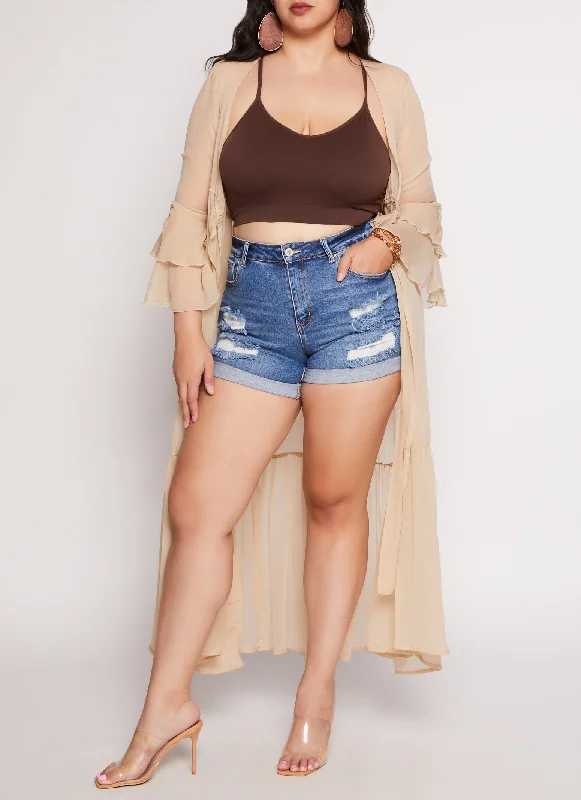 Plus Size WAX Cuffed High Waist Distressed Denim Shorts