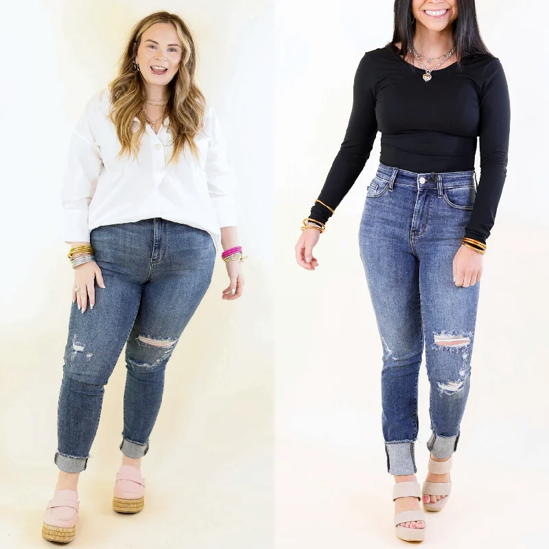 Judy Blue | Daily Chic High Waisted Skinny Jean with Destroyed Knee in Dark Wash