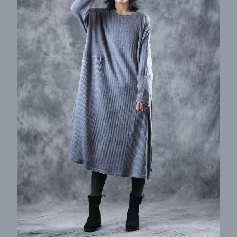 Cozy gray sweater dresses plus size o neck fall dresses boutique tie waist pullover