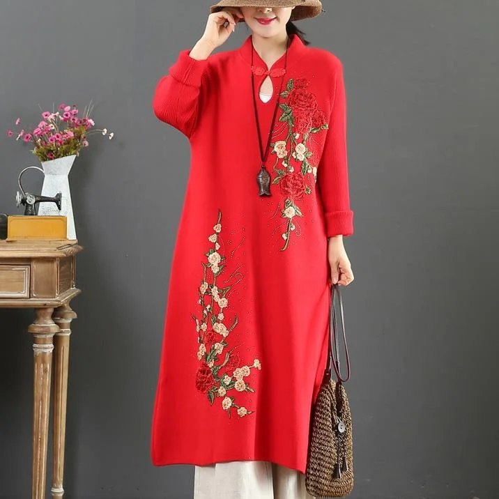 Women stand collar Sweater embroidery dresses DIY red winter Ugly sweater dresses