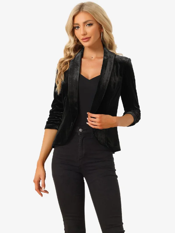 Lapel Collar Velvet Solid Office Work Open Front Blazer