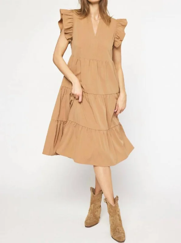 Stock Up and Save!Ruffle Shoulder Midi Dress In Camel