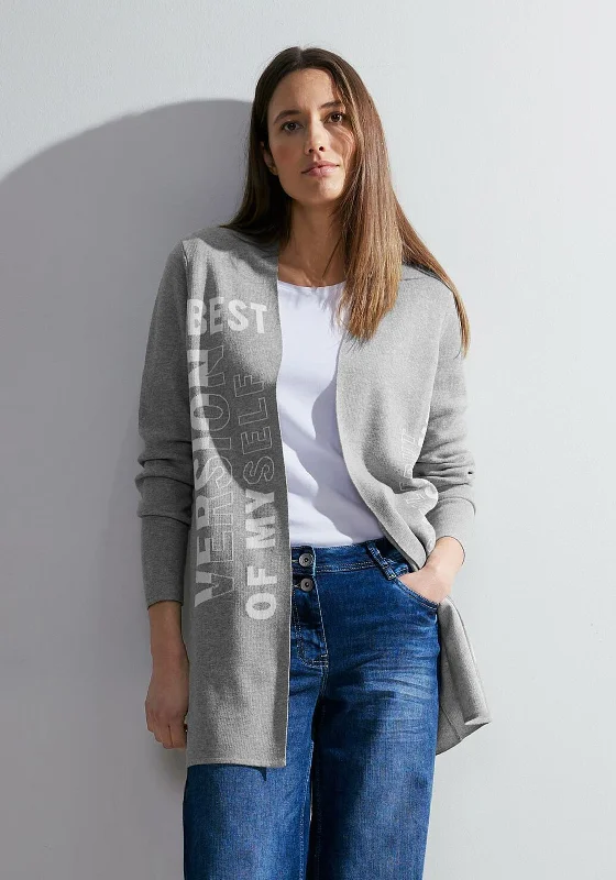 Save More When You Shop More!Cecil Text Print Long Open Knit Cardigan, Mineral Grey Melange