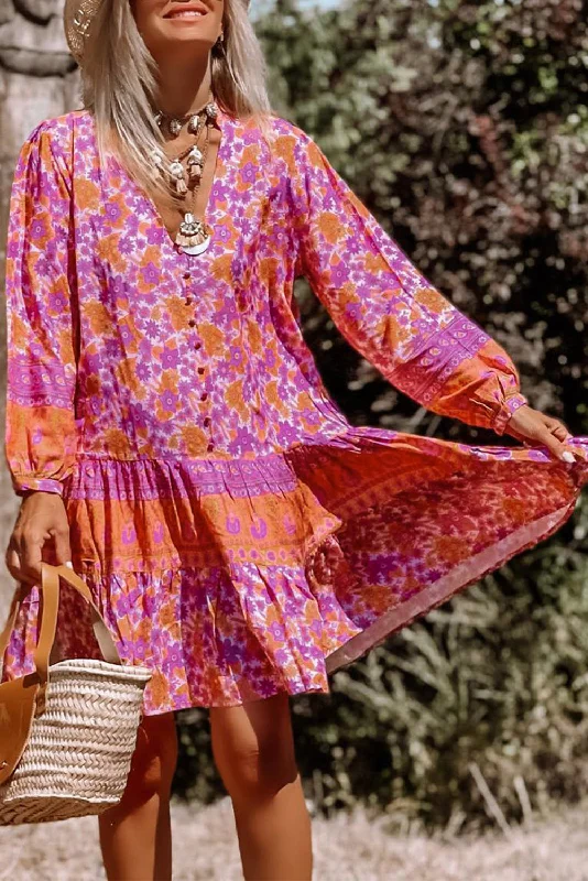 Your Wallet Will Thank You!Boho Floral V-Neck Ruffle Dress