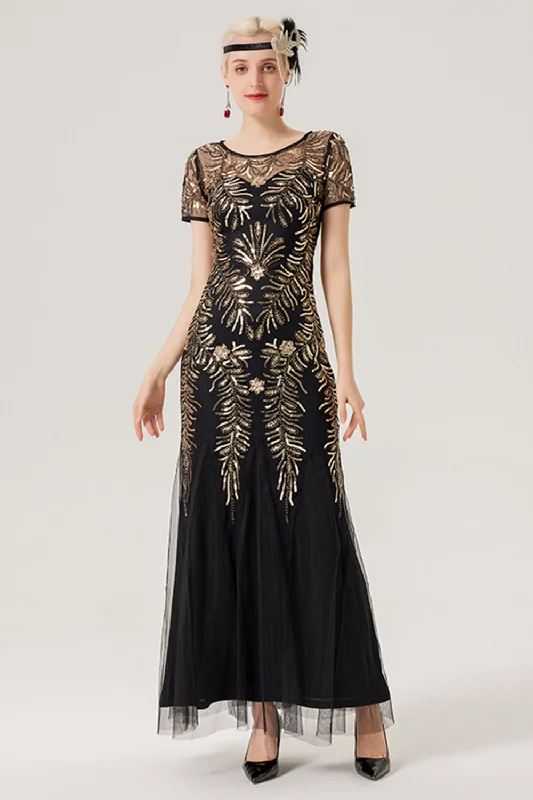 Limited Stock Available!Black Golden Sequins Long 1920s Dress with Short Sleeves