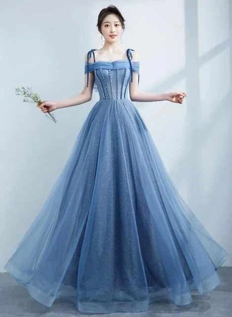 Don’t Wait – Shop Today!Blue Shiny Tulle Off Shoulder Beaded Straps A-line Party Dress, Blue Long Prom Dress   cg20535