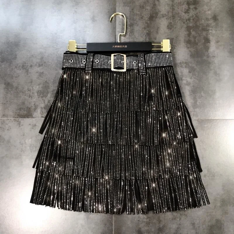 Incredible Savings Inside!Amy Fashion - Rhinestones Tassel  High Waist Belt Skirt