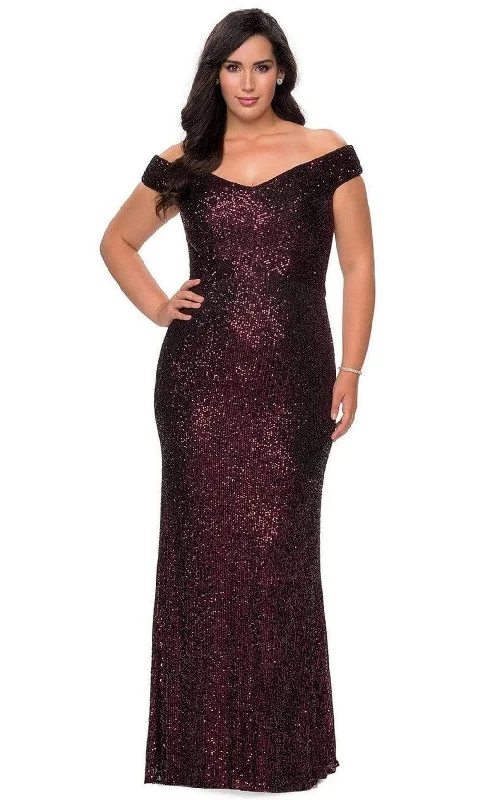 Your Wallet Will Thank You!La Femme - Sequined Off-Shoulder Sheath Dress 28795SC - 1 pc Wine In Size 12W Available