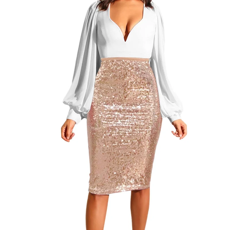 Best Deals Just for You!Shiny Sequin High Waist Glitter Gold Silver Stretchy Pencil Skirt