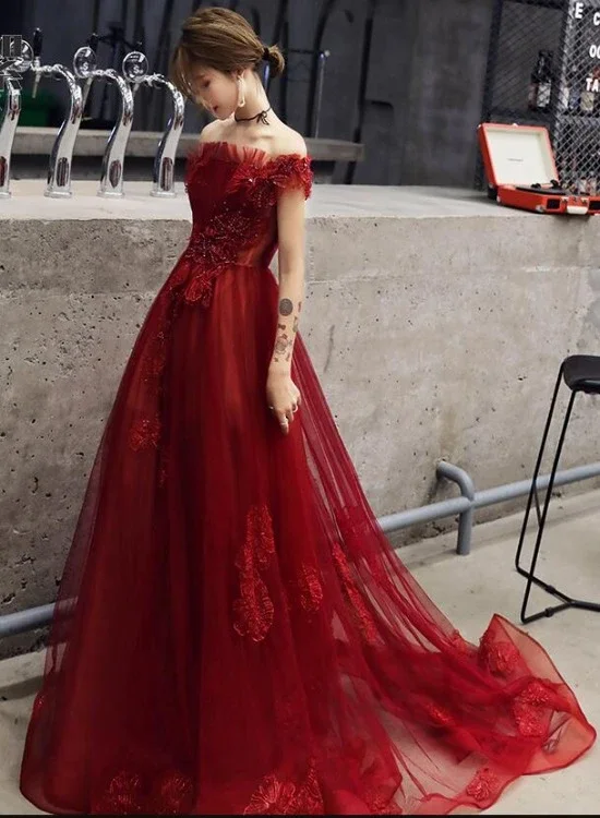 Stock Up and Save!Wine Red Tulle With Beadings And Lace Off Shoulder Evening Gown, Wine Red Prom Dress cg20524 Stock Up and Save!Wine Red Tulle With Beadings And Lace Off Shoulder Evening Gown, Wine Red Prom Dress cg20524