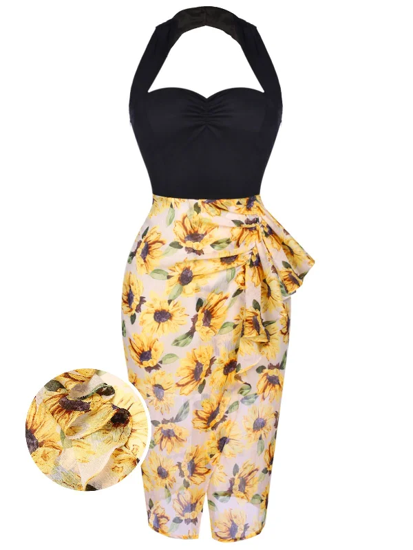 Unbeatable Prices!Black 1960s Halter Sunflower Pencil Dress