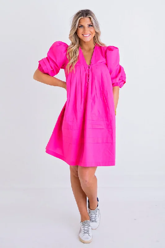 Hottest Discounts of the Year!Hot Pink Poplin Vneck Dress