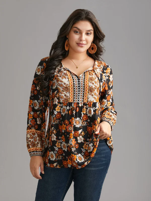 Shop the Hottest Deals!Boho Print Tie Knot Lantern Sleeve Blouse