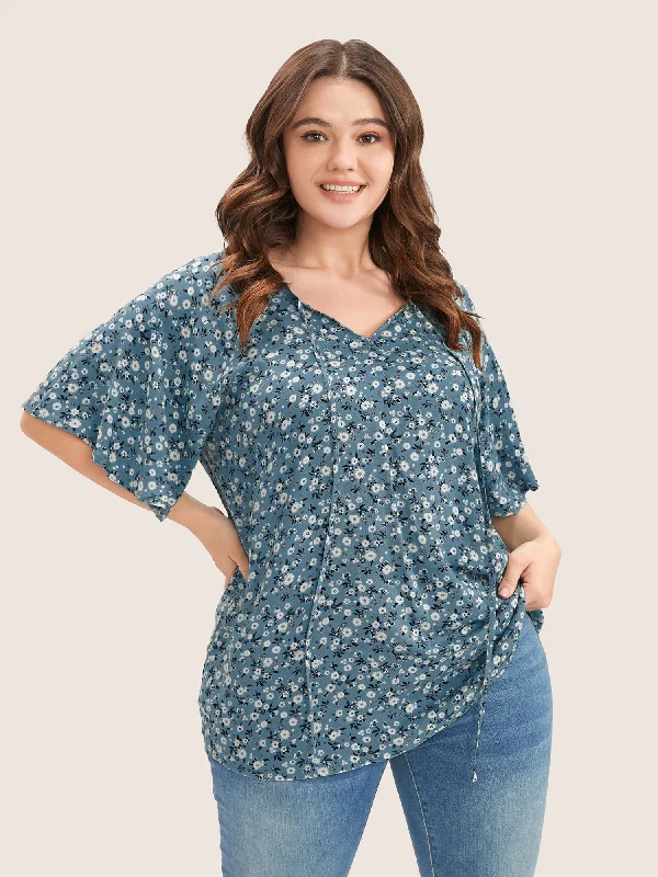 Buy More, Save More!Ditsy Floral Ruffle Sleeve Tie Neck Blouse