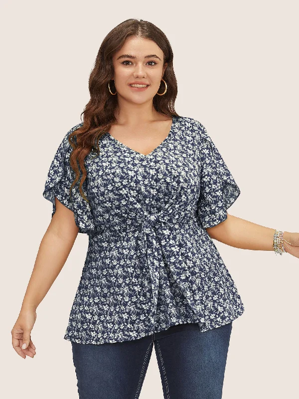 Save Money, Shop Happy!Ditsy Floral Split Petal Sleeve Tie Front Blouse