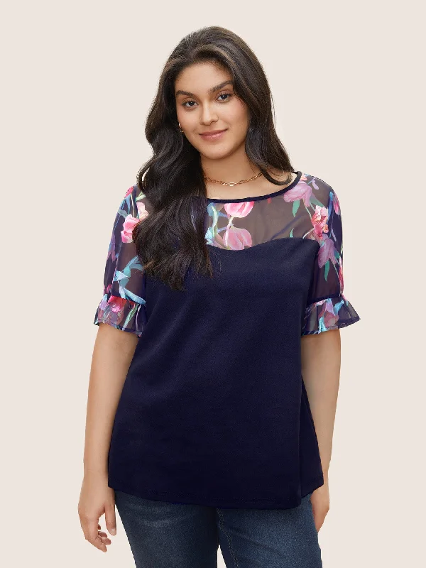 Limited-Time Price Drop!Floral Patchwork Mesh Round Neck Flutters T-shirt