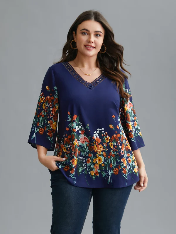 Don’t Wait – Deals Won’t Last!Floral V Neck Cut-Out Lace Blouse