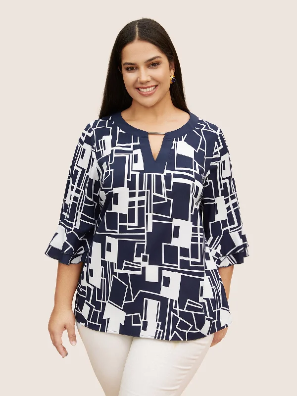 Get Ready to Save!Geometric Keyhole Ruffles Metal Detail Blouse