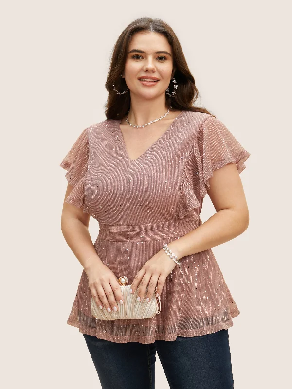 Huge Savings – Act Now!Glitter Mesh V Neck Ruffle Cap Sleeve Blouse