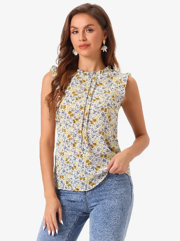 Enjoy Huge Discounts Now!Ruffled Floral Casual 1950s Retro Sleeveless Blouses
