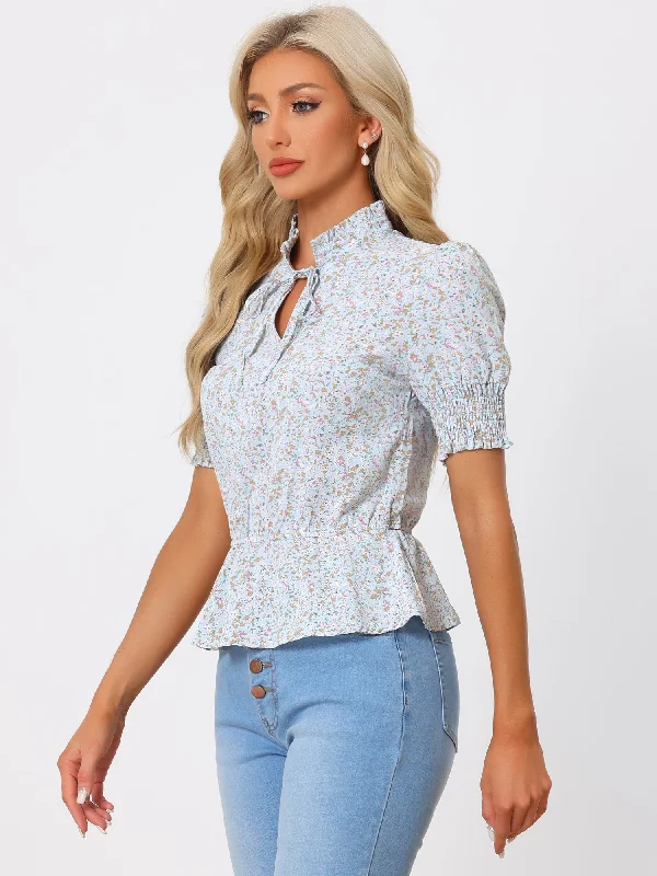 Exclusive Offers You’ll Love!Floral Summer Ruffle Neck Lace-Up Short Shirred Sleeve Peplum Blouse