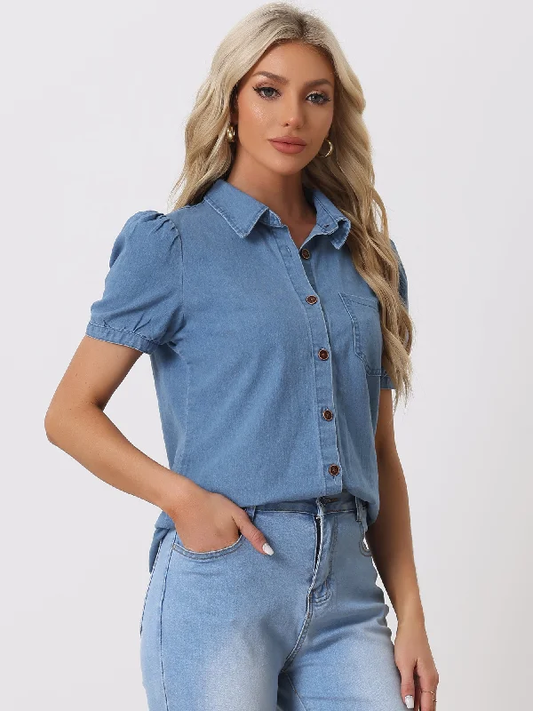 Must-Have Deals Inside!Denim Collared Short Puff Sleeve Chest Pocket Button Up Shirt
