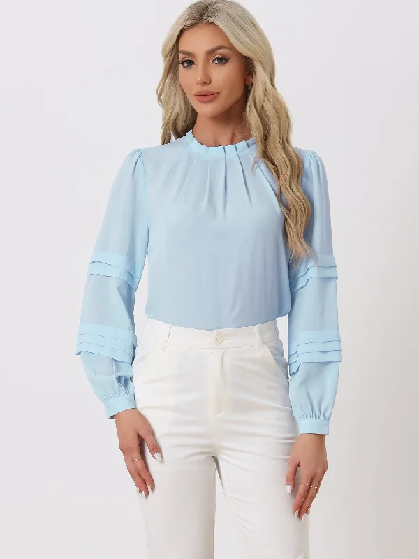 Best Price of the Season!Mock Neck Pleated Solid Lantern Long Sleeve Blouse