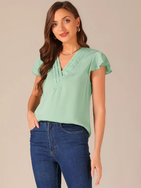 Grab Yours Before It’s Too Late!Pleated V Neck Flutter Sleeve Summer Casual Blouse