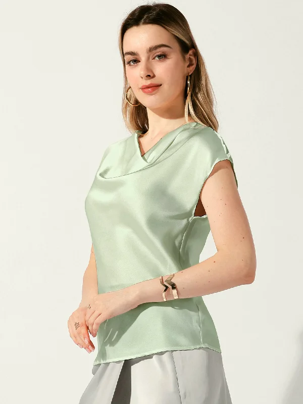Massive Price Cuts!Satin Cowl Neck Short Sleeve Dressy Casual Blouse