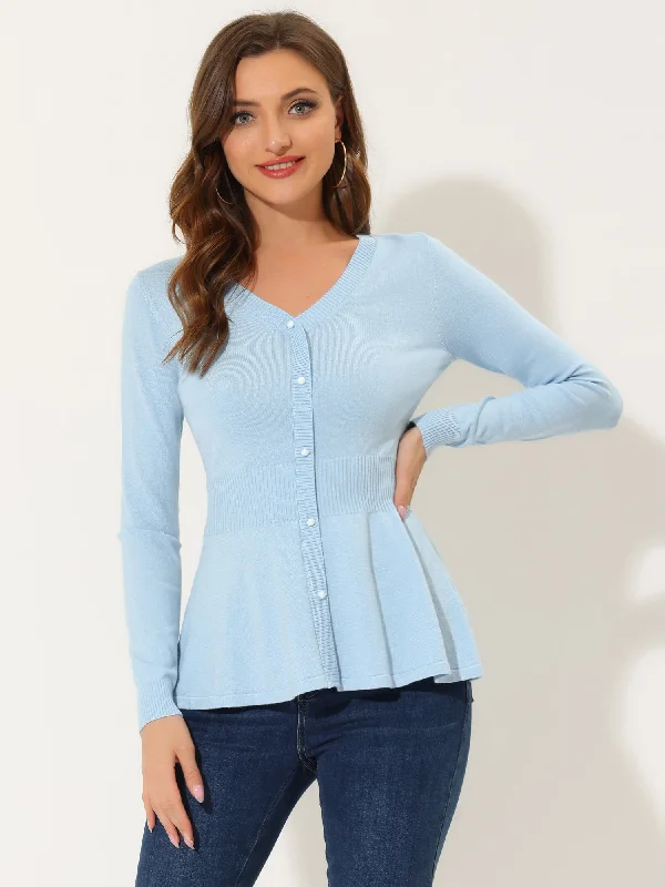 Act Fast – Limited Time Savings!V Neck Long Sleeve Ribbed Pullover Knitted Peplum Top