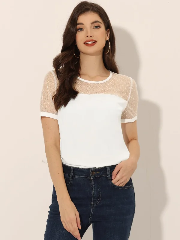 Best Offers of the Month!Mesh Panel Top Round Neck Chiffon Sheer Sleeve Blouse