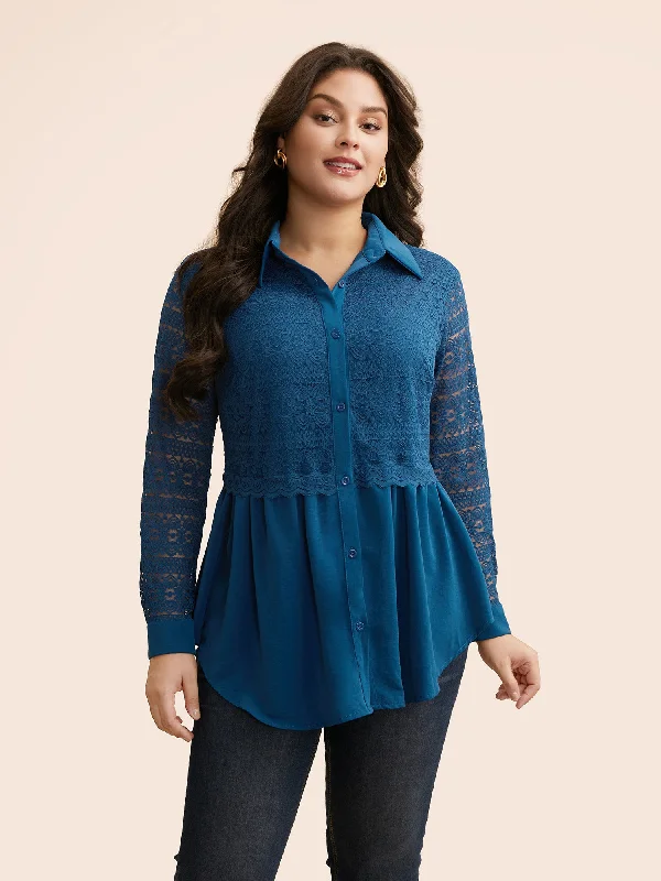 Time to Save Big!Shirt Collar Crochet Lace Stretch Blouse