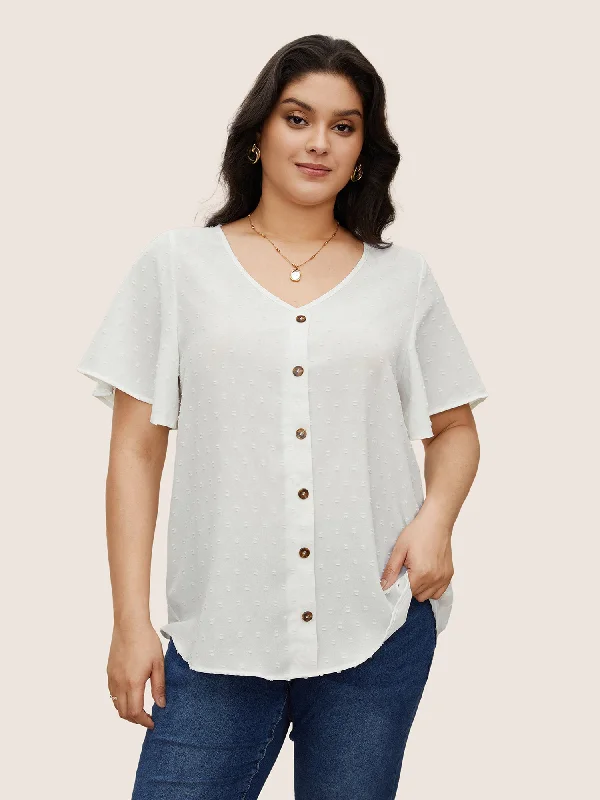 Savings You Can’t Ignore!Solid Button V Neck Ruffles Blouse