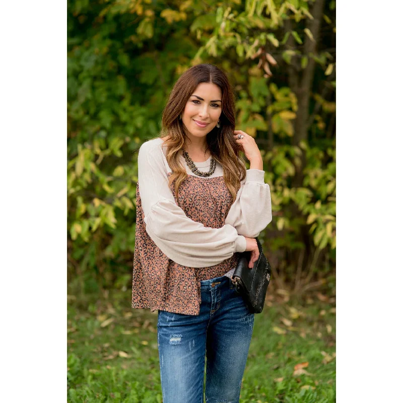 Your Exclusive Offer Awaits!Solid Trim Lavish Leopard Blouse