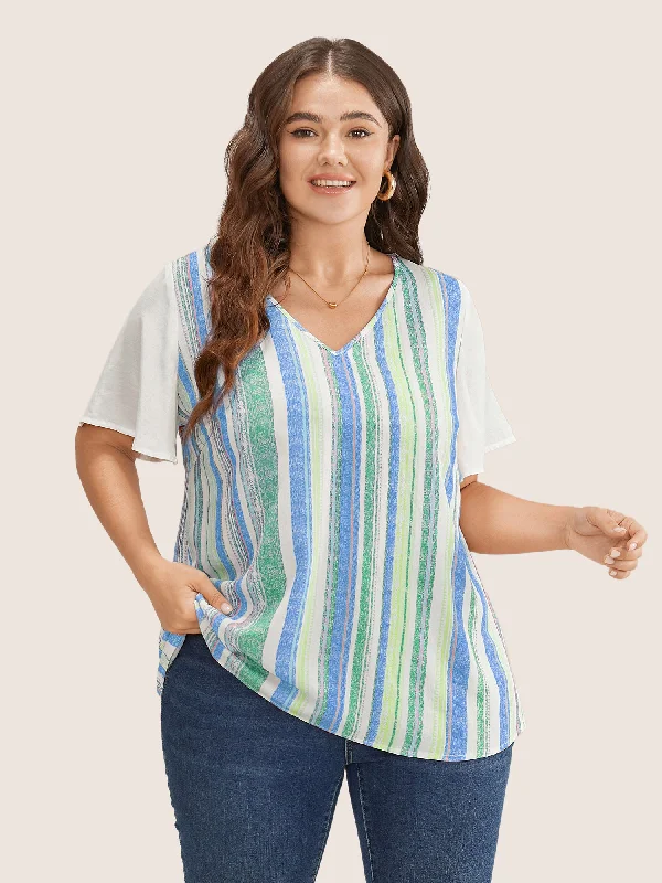 Buy More, Pay Less!Striped Contrast Patchwork Ruffle Sleeve Blouse
