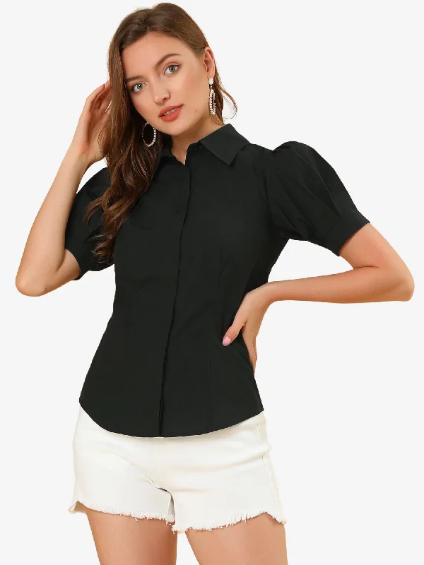 Your Wallet Will Thank You!Puff Sleeve Collared Cotton Work Office Button Down Shirt