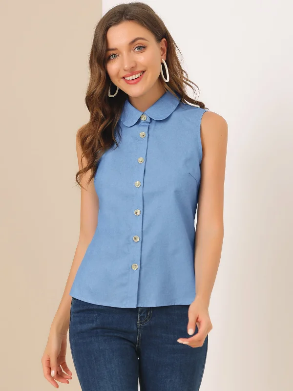 Amazing Prices You Can’t Resist!Casual Sleeveless Button Down Peter Pan Collar Chambray Shirt