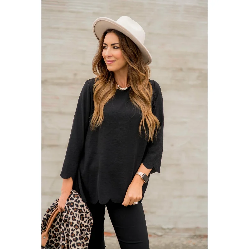 Upgrade for Less!Scalloped Back Detail 3/4 Sleeve Blouse