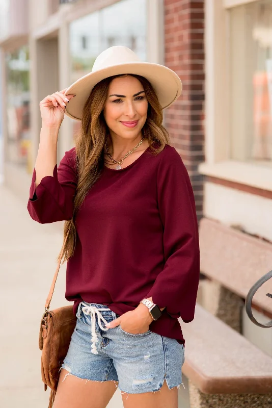 Mega Sale Happening Now!Scalloped Edge 3/4 Sleeve Blouse