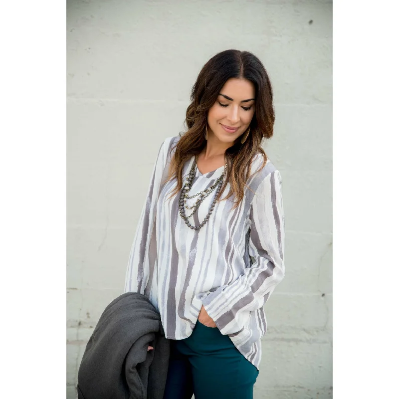 Save Like Never Before!Striped Brush Stroke V Neck Blouse - Grey