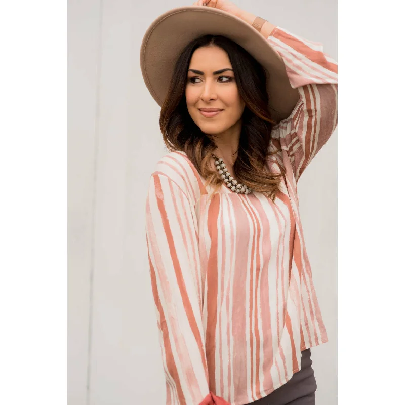 Price Drops You’ll Love!Striped Brush Stroke V Neck Blouse - Salmon
